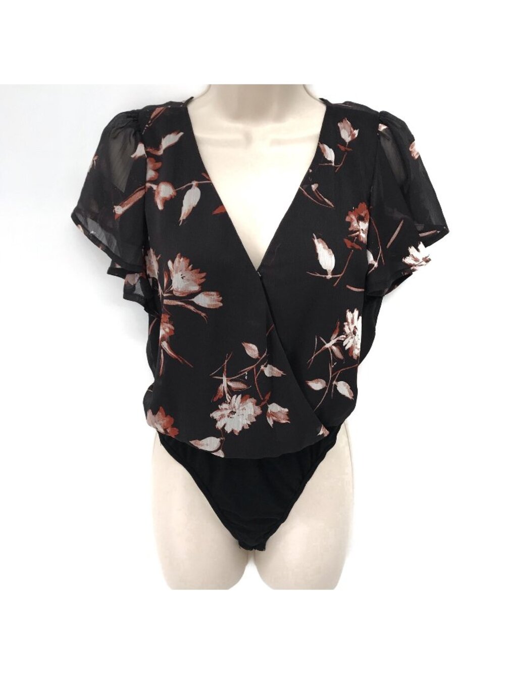 NWOT Ash & Violet Black Floral Sheer Chiffon Bodysuit  Flutter Sleeves Size S